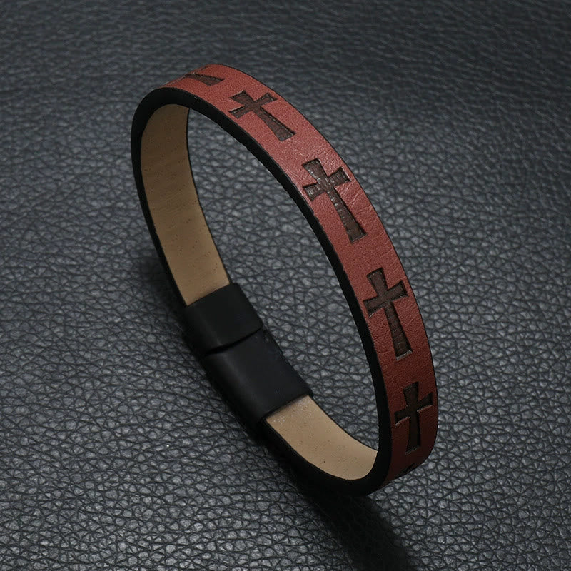 FREE Today: Classic Style Multicolor Leather Magnetic Buckle Bracelet with Cross Motifs - Wine - image 4