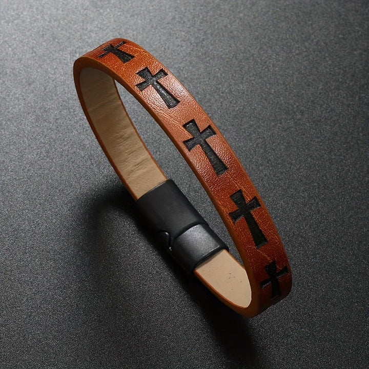 FREE Today: Classic Style Multicolor Leather Magnetic Buckle Bracelet with Cross Motifs - Brown - image 5