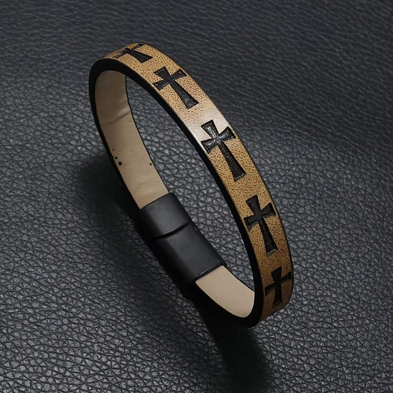 FREE Today: Classic Style Multicolor Leather Magnetic Buckle Bracelet with Cross Motifs - Khaki - image 6