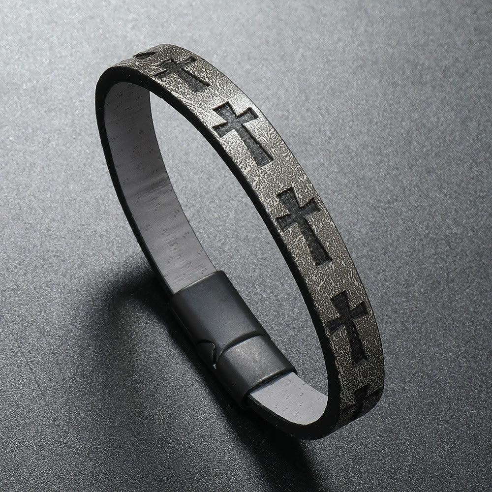 FREE Today: Classic Style Multicolor Leather Magnetic Buckle Bracelet with Cross Motifs - Grey - image 7