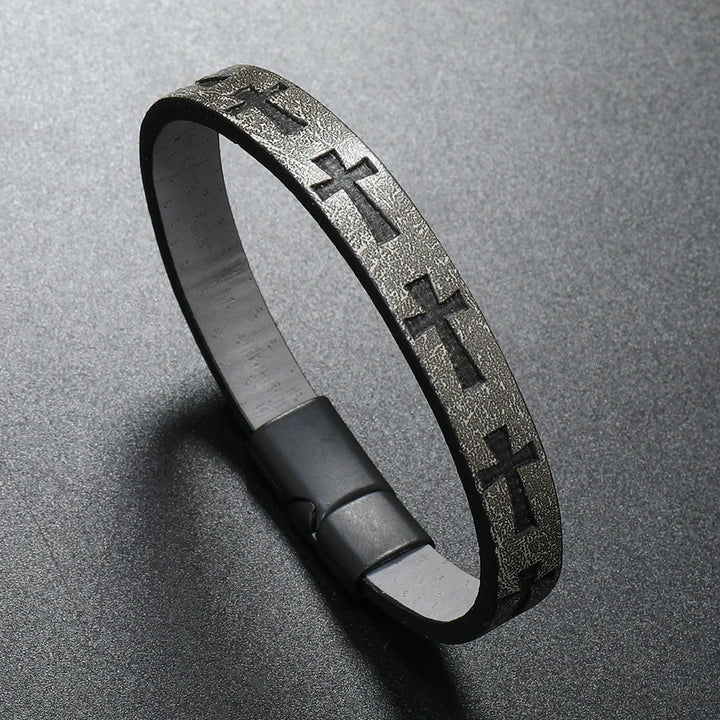 FREE Today: Classic Style Multicolor Leather Magnetic Buckle Bracelet with Cross Motifs - Grey - image 7