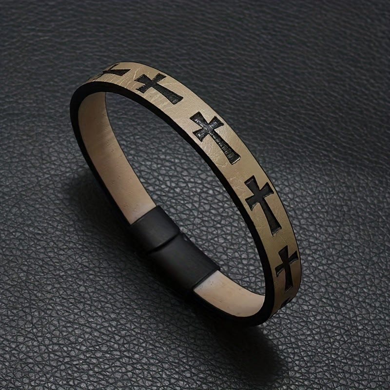FREE Today: Classic Style Multicolor Leather Magnetic Buckle Bracelet with Cross Motifs - Camel - image 8