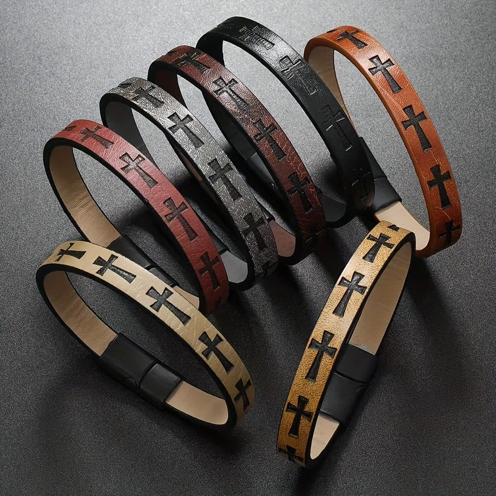 FREE Today: Classic Style Multicolor Leather Magnetic Buckle Bracelet with Cross Motifs - image 2
