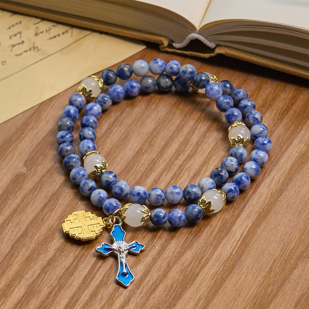 FREE Today: Artisanal Elastic 4mm Blue Stone Rosary Bracelet with Crucifix & Jerusalem Cross - image 3