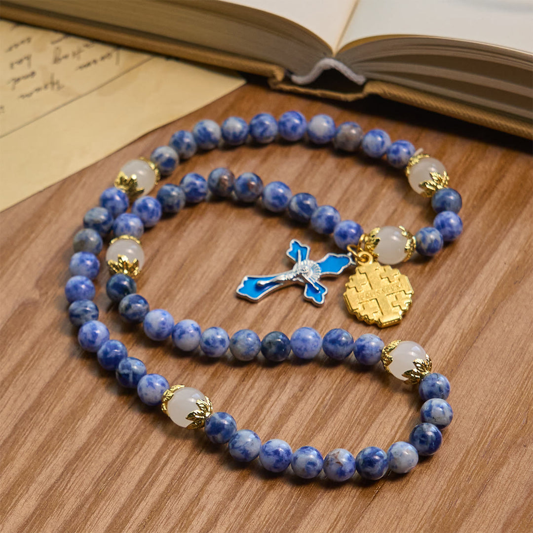 FREE Today: Artisanal Elastic 4mm Blue Stone Rosary Bracelet with Crucifix & Jerusalem Cross - image 4
