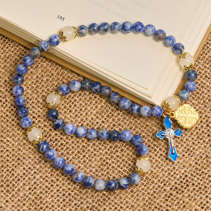 FREE Today: Artisanal Elastic 4mm Blue Stone Rosary Bracelet with Crucifix & Jerusalem Cross - image 5