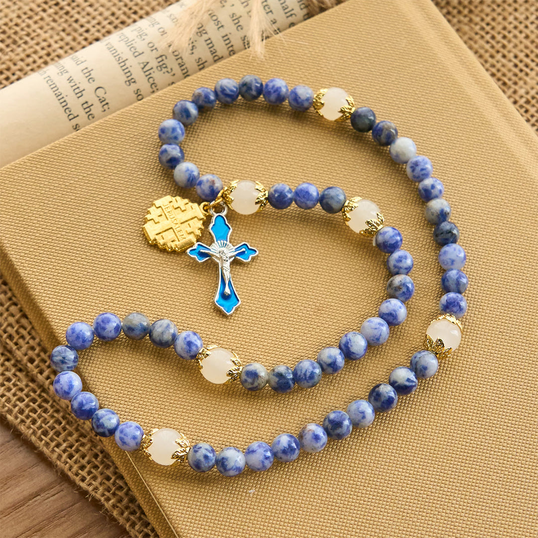 FREE Today: Artisanal Elastic 4mm Blue Stone Rosary Bracelet with Crucifix & Jerusalem Cross - image 6