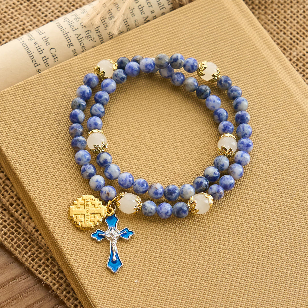 FREE Today: Artisanal Elastic 4mm Blue Stone Rosary Bracelet with Crucifix & Jerusalem Cross - Crucifix & Jerusalem Cross - image 1