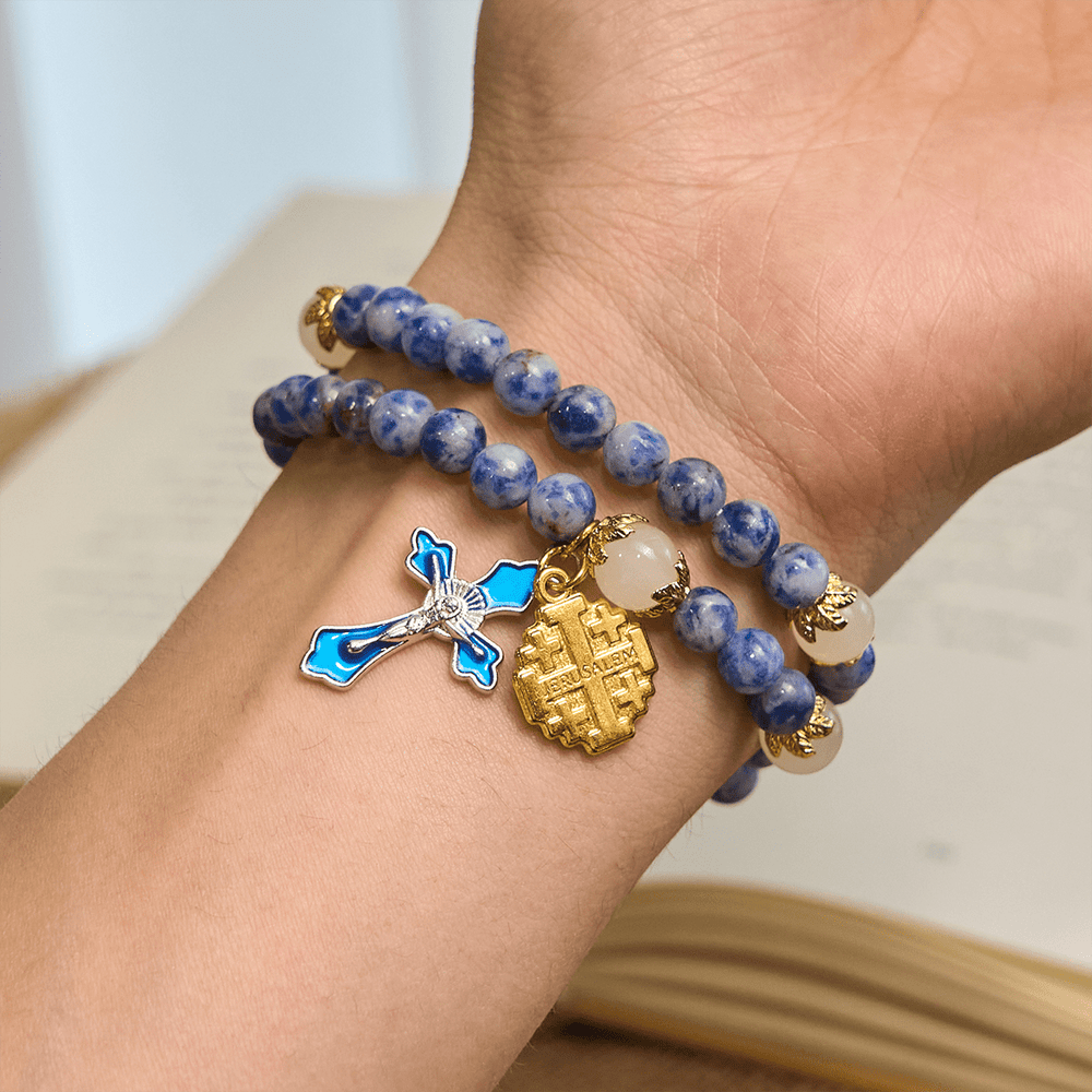 FREE Today: Artisanal Elastic 4mm Blue Stone Rosary Bracelet with Crucifix & Jerusalem Cross - image 2