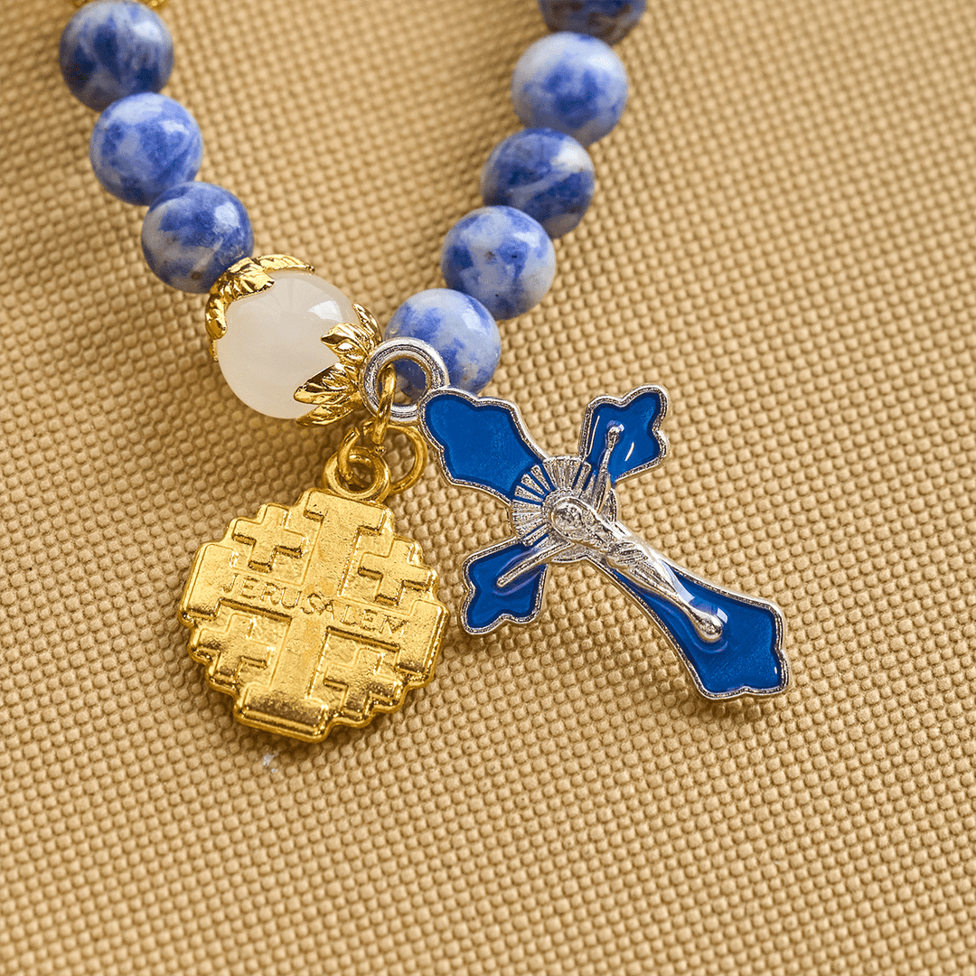 FREE Today: Artisanal Elastic 4mm Blue Stone Rosary Bracelet with Crucifix & Jerusalem Cross - image 7