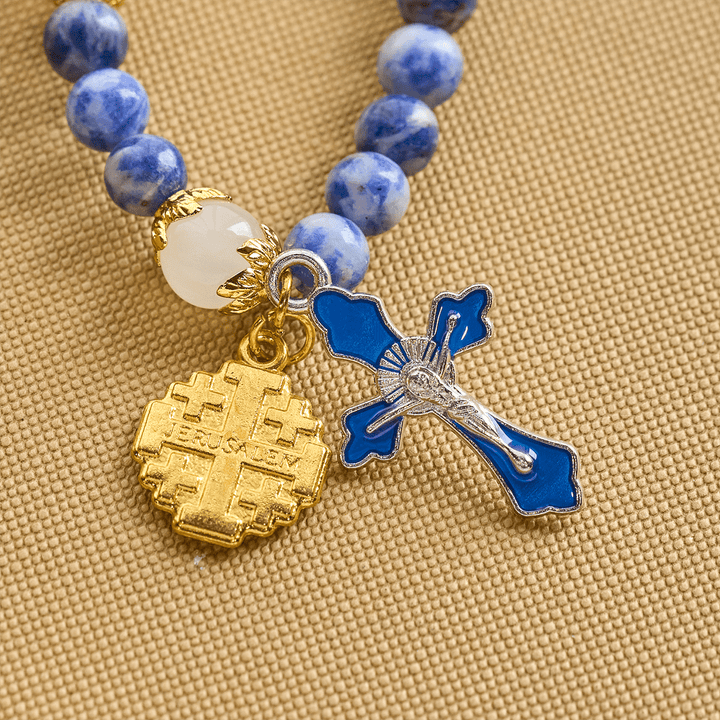 FREE Today: Artisanal Elastic 4mm Blue Stone Rosary Bracelet with Crucifix & Jerusalem Cross - image 7