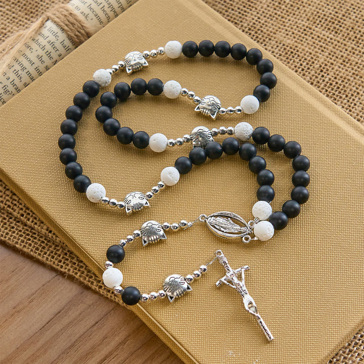 Christianartworkshop Matte Black and White Lava Stone with Cat Chrams Rosary & Bracelet: Pray with Cow Cat - image 6
