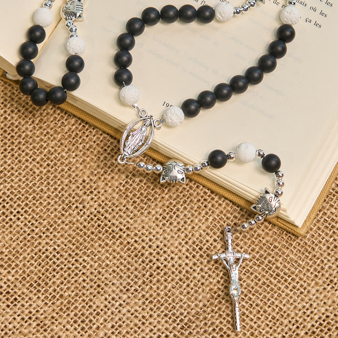 Christianartworkshop Matte Black and White Lava Stone with Cat Chrams Rosary & Bracelet: Pray with Cow Cat - image 9