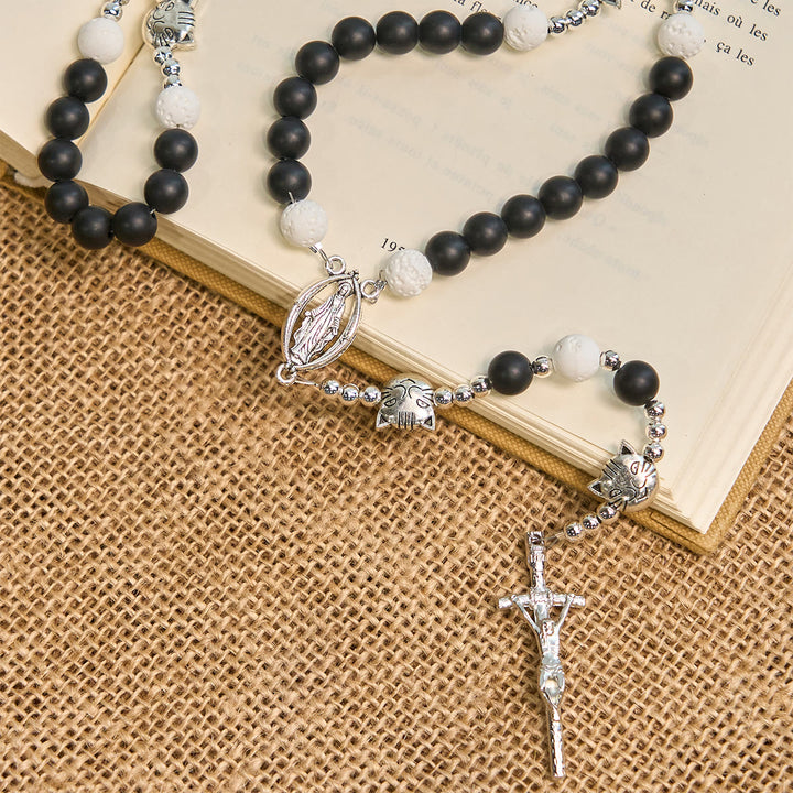 Christianartworkshop Matte Black and White Lava Stone with Cat Chrams Rosary & Bracelet: Pray with Cow Cat - image 9