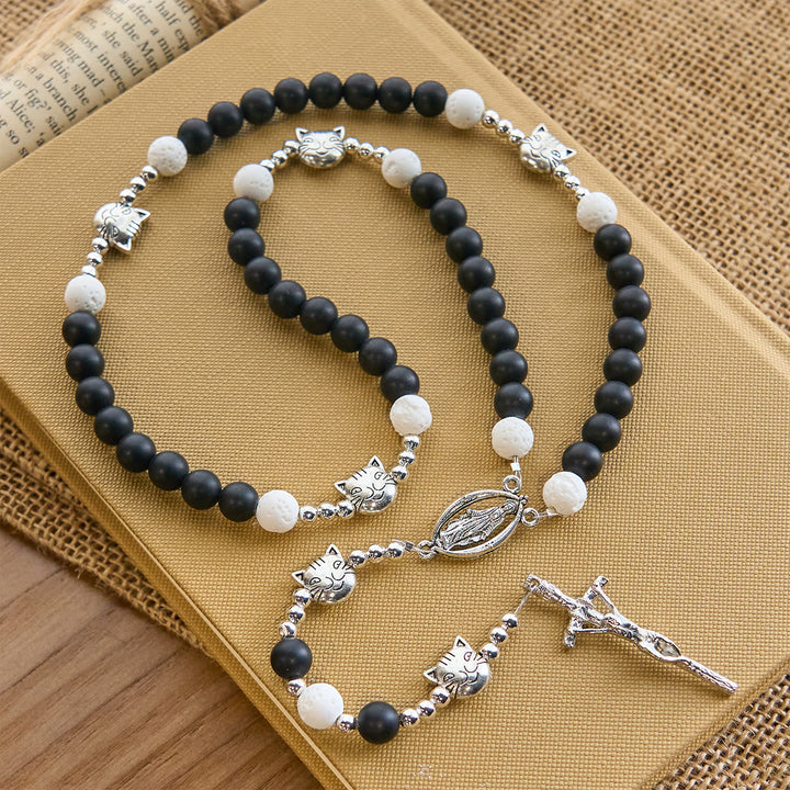 Christianartworkshop Matte Black and White Lava Stone with Cat Chrams Rosary & Bracelet: Pray with Cow Cat - image 5