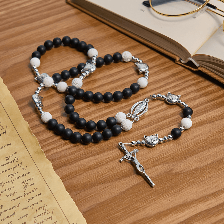 Christianartworkshop Matte Black and White Lava Stone with Cat Chrams Rosary & Bracelet: Pray with Cow Cat - image 7
