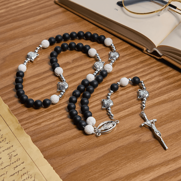Christianartworkshop Matte Black and White Lava Stone with Cat Chrams Rosary & Bracelet: Pray with Cow Cat - image 8