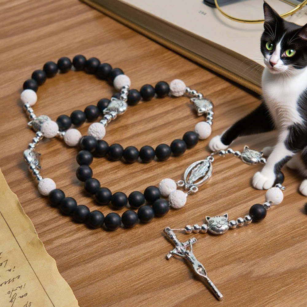 Christianartworkshop Matte Black and White Lava Stone with Cat Chrams Rosary & Bracelet: Pray with Cow Cat - image 4