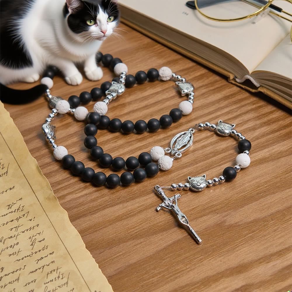 FREE Today: Matte Black and White Lava Stone with Cat Cow Chrams Bracelet & Animal Rosary - image 2