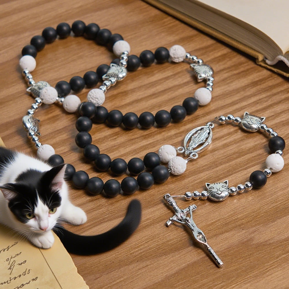 Christianartworkshop Matte Black and White Lava Stone with Cat Chrams Rosary & Bracelet: Pray with Cow Cat - image 3