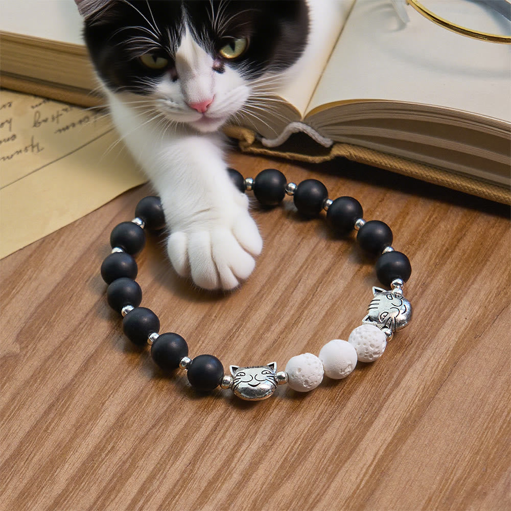 Christianartworkshop Matte Black and White Lava Stone with Cat Chrams Rosary & Bracelet: Pray with Cow Cat - Bracelet - image 13