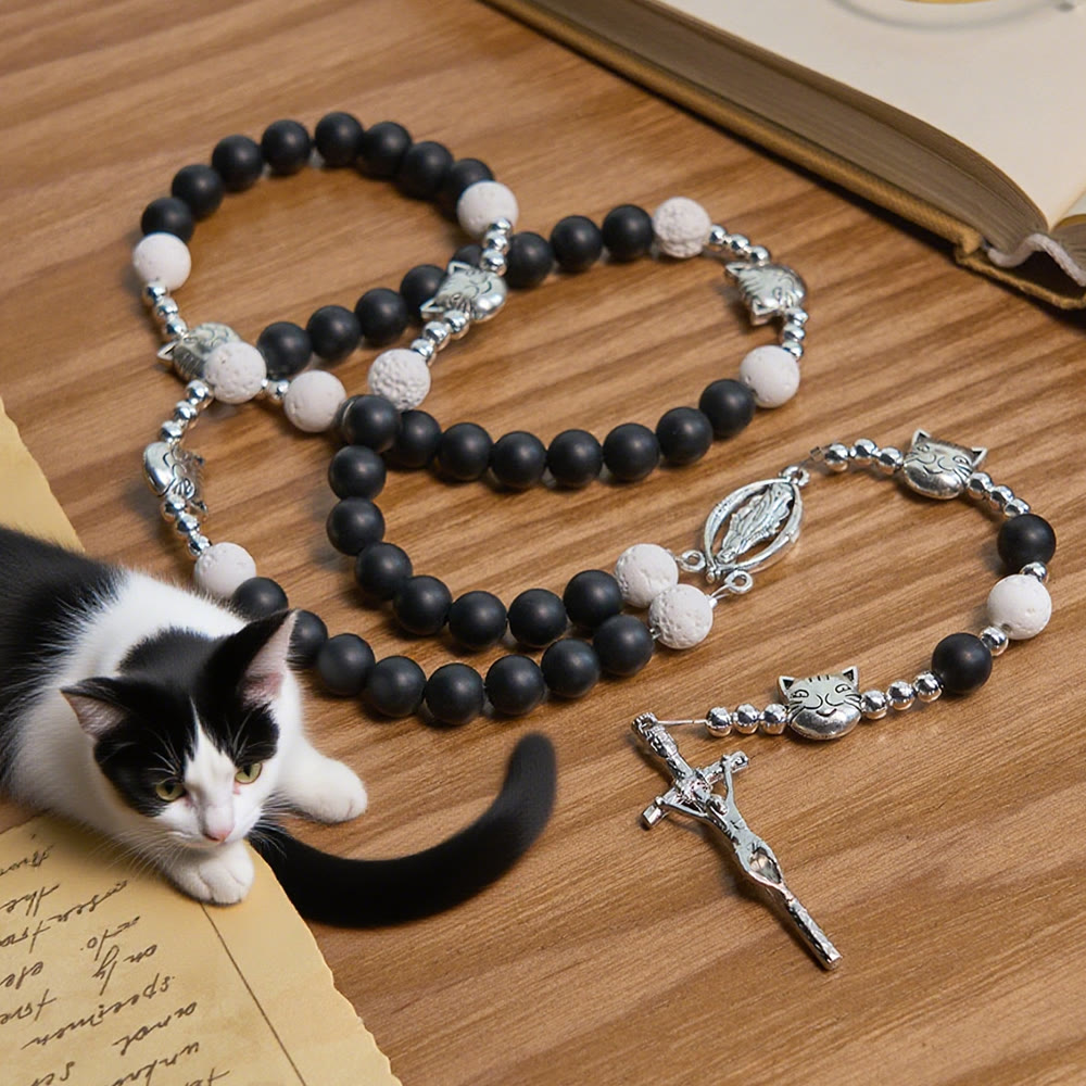 Christianartworkshop Matte Black and White Lava Stone with Cat Chrams Rosary & Bracelet: Pray with Cow Cat - Rosary - image 1