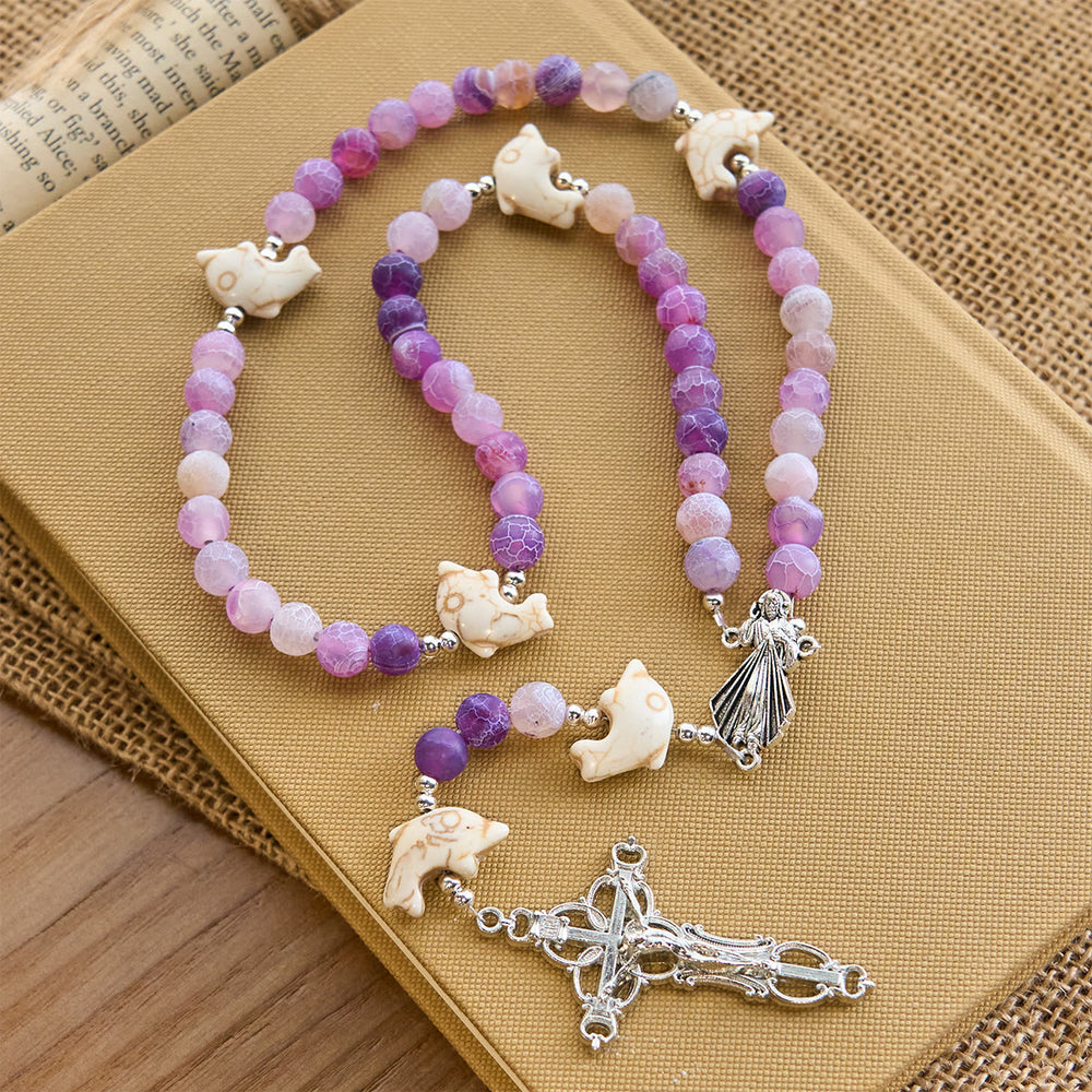 Christianartworkshop Ocean of Faith Purple Weathered Agate and Dolphin Charms Rosary with Divine Mercy Devotion - image 2