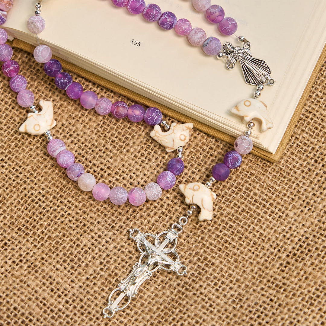 Christianartworkshop Ocean of Faith Purple Weathered Agate and Dolphin Charms Rosary with Divine Mercy Devotion - image 3