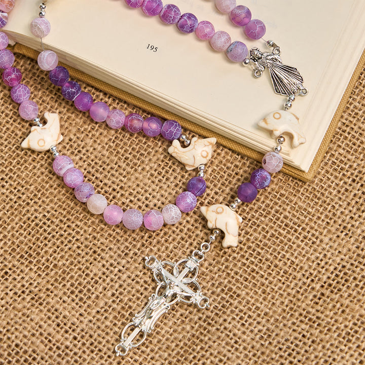 Christianartworkshop Ocean of Faith Purple Weathered Agate and Dolphin Charms Rosary with Divine Mercy Devotion - image 3