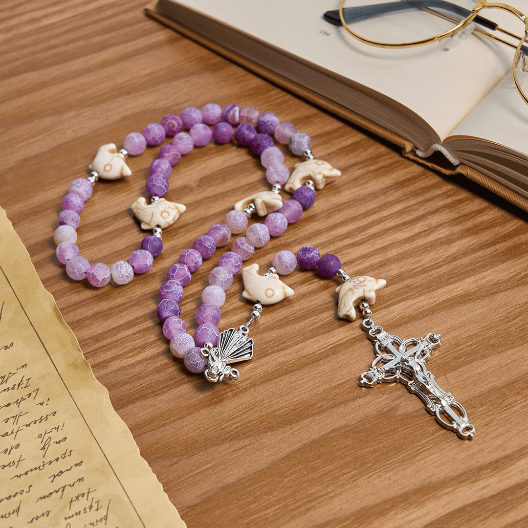 Christianartworkshop Ocean of Faith Purple Weathered Agate and Dolphin Charms Rosary with Divine Mercy Devotion - image 5