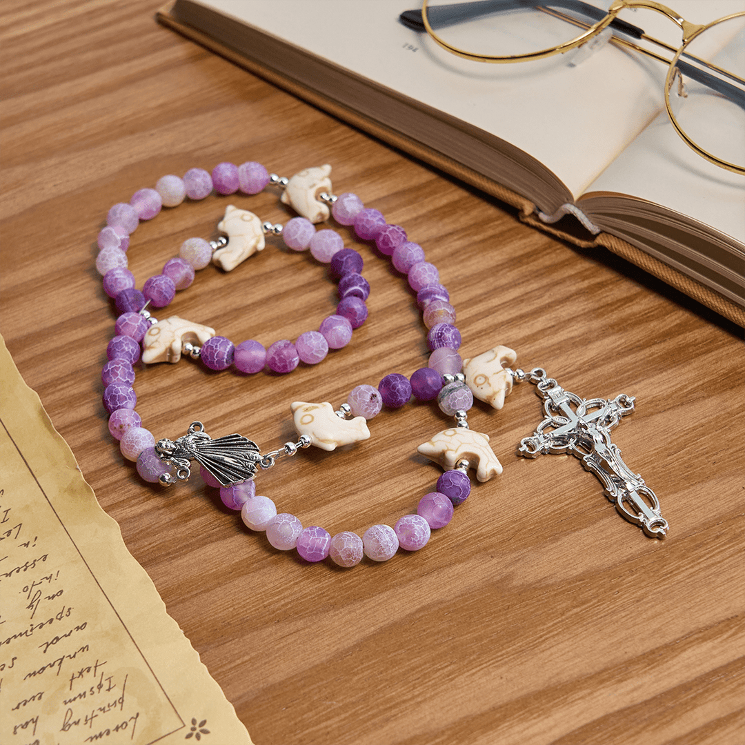Christianartworkshop Ocean of Faith Purple Weathered Agate and Dolphin Charms Rosary with Divine Mercy Devotion - image 4