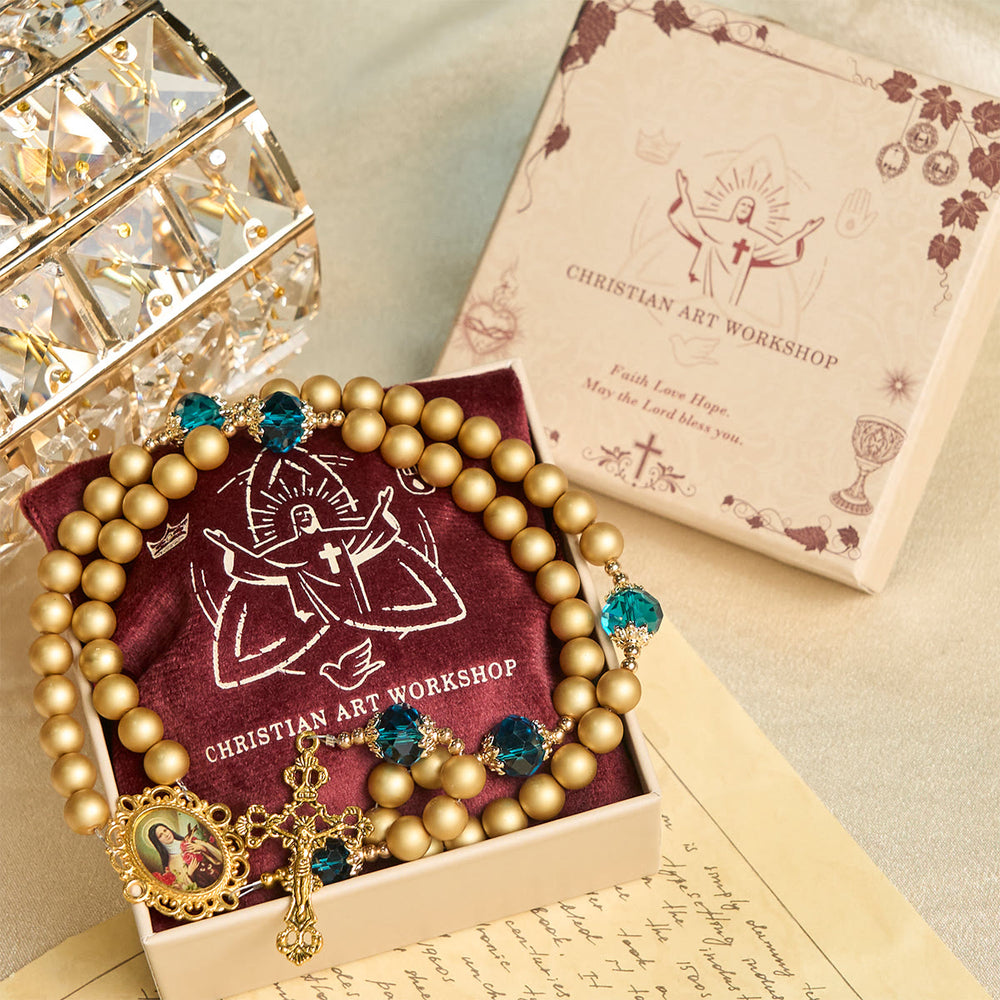 Christianartworkshop Elegant Matte Golden Pearl Rosary with St. Therese and Crucifix - image 2