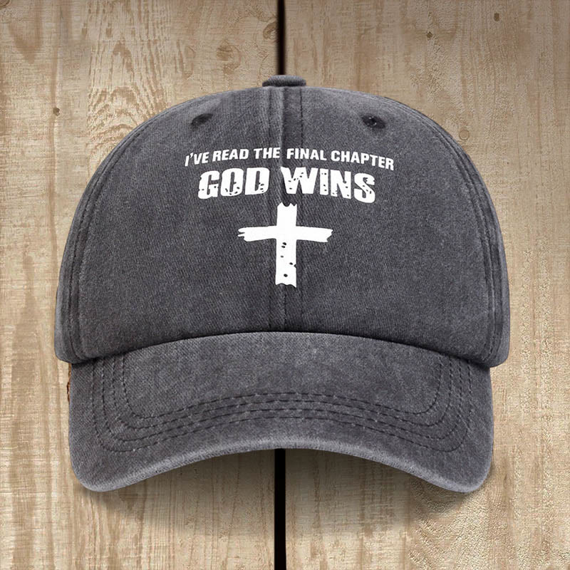 Christianartworkshop God Wins Unisex Distressed Washed Cotton Hat - Dark Grey - image 1
