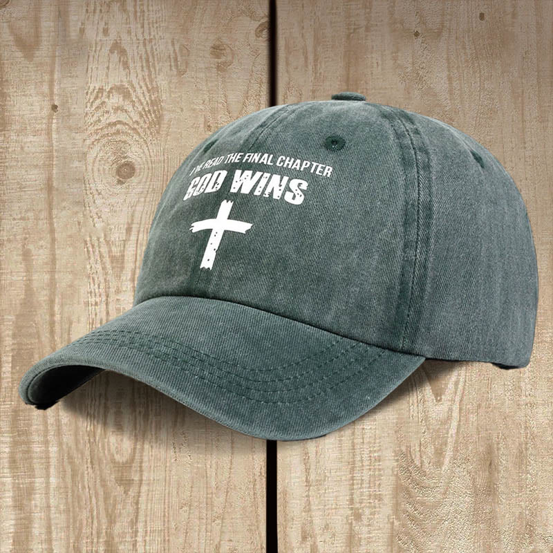 Christianartworkshop God Wins Unisex Distressed Washed Cotton Hat - Green - image 5