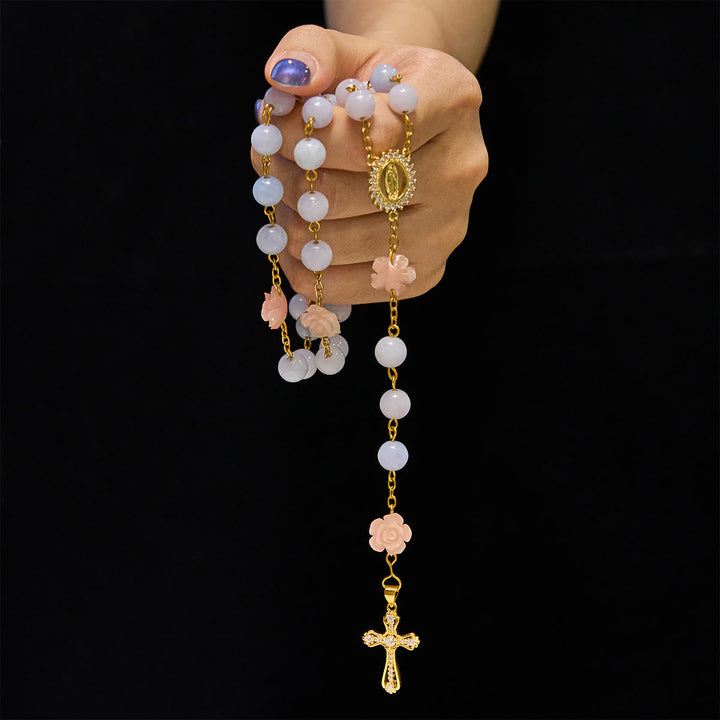 Christianartworkshop Our Lady of Guadalupe & Crucifix of 8mm Handmade Blue Aquamarine Chalcedony Beads Rosary - image 3