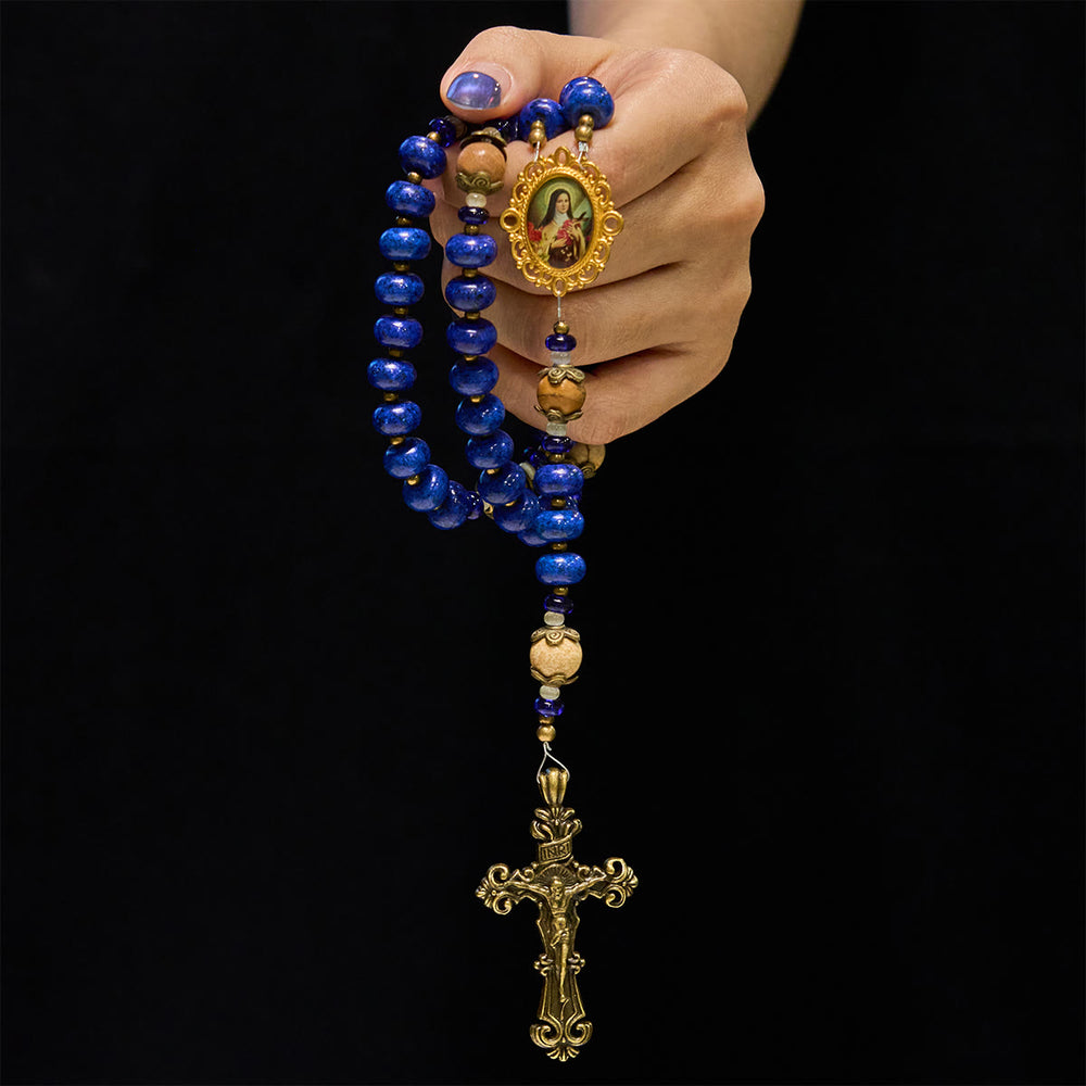 Christianartworkshop Handmade St. Therese of Lisieux Medal & Crucifix 8*10mm Oblate Lapis Lazuli & Map Stone Rosary - image 2