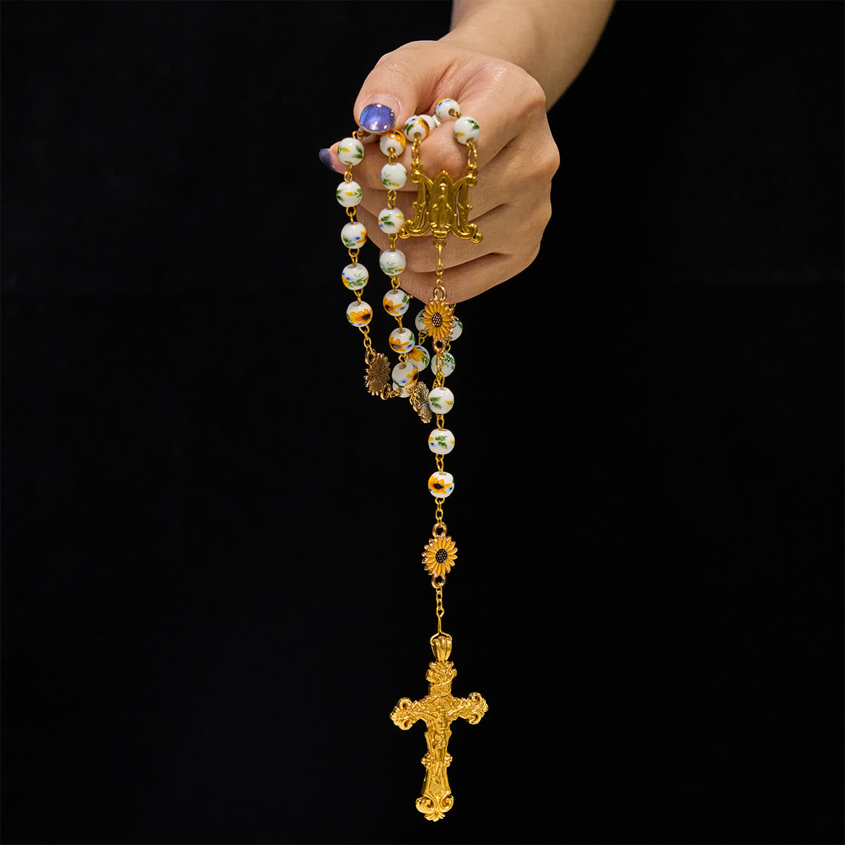Handmade Sunflower Rosary with Miraculous Medal – Yellow Ceramic