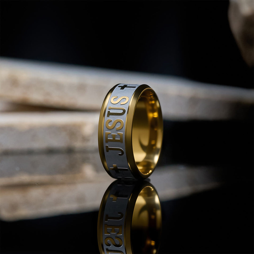 Christianartworkshop Titanium Steel Ring with Laser engraving "JESUS" - Golden - US13 - image 1