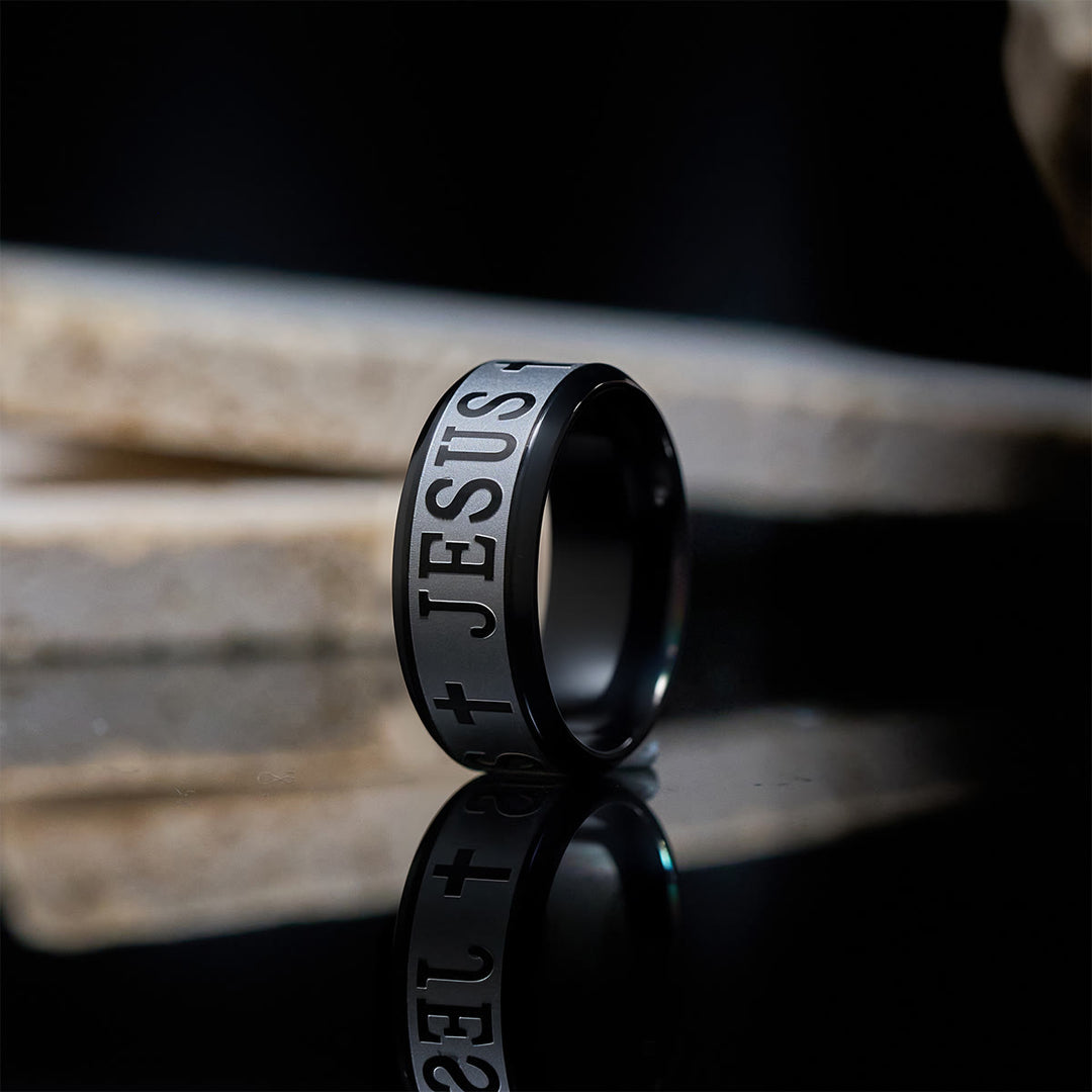 Christianartworkshop Titanium Steel Ring with Laser engraving "JESUS" - Black - US13 - image 3