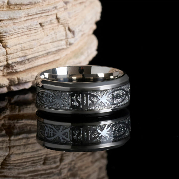 Christianartworkshop Rustic Stainless Steel Ring: "Jesus" in Fish - Silver - US13 - image 5