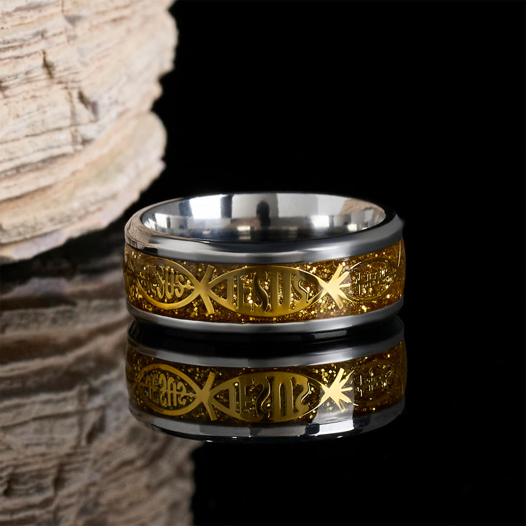 Christianartworkshop Rustic Stainless Steel Ring: "Jesus" in Fish - Golden - US13 - image 4