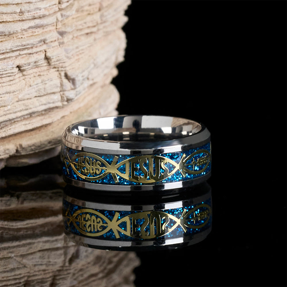 Christianartworkshop Rustic Stainless Steel Ring: "Jesus" in Fish - Blue - US13 - image 2
