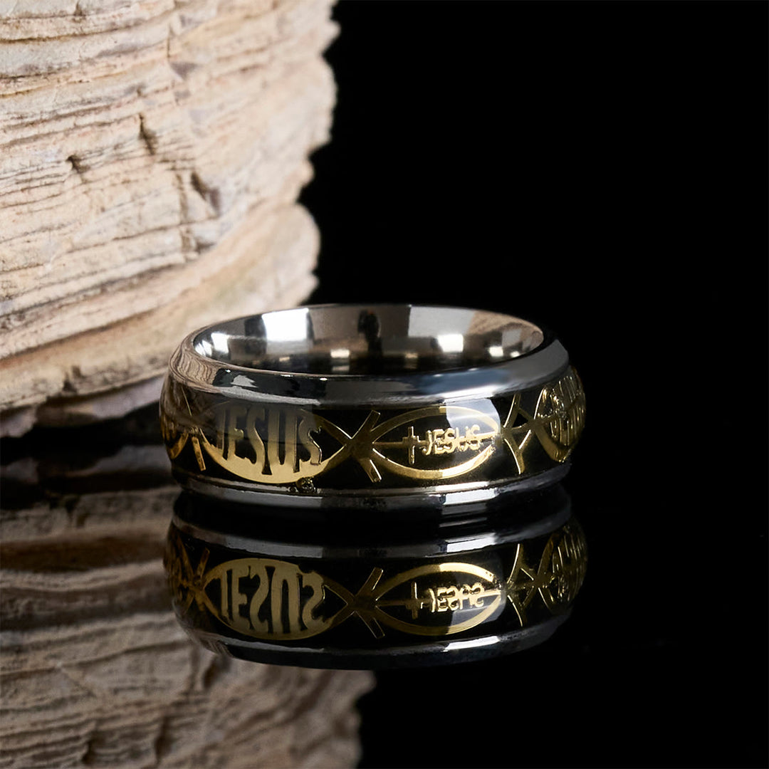 Christianartworkshop Rustic Stainless Steel Ring: "Jesus" in Fish - Black - US13 - image 3