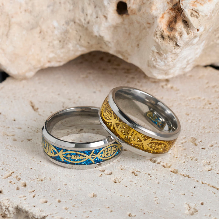 Christianartworkshop Rustic Stainless Steel Ring: "Jesus" in Fish - image 6