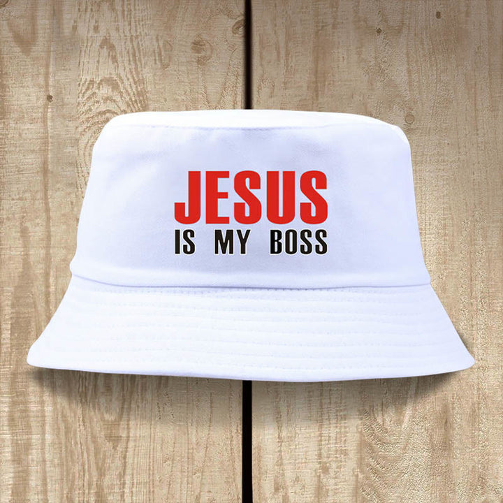 Christianartworkshop Jesus Is My Boss Bucket Cap: Walk in Faith with Bold Confidence - White - image 3