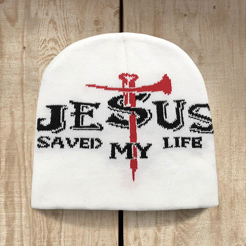 Christianartworkshop Jesus Saved My Life Knit Beanie: A Warm Reminder of His Grace - White - image 3