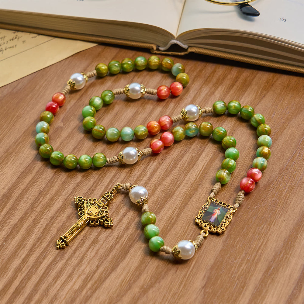Christianartworkshop Handcrafted Christmas Blessings Divine Mercy Rosary with Red Green Beads and Bronze Crucifix - image 2