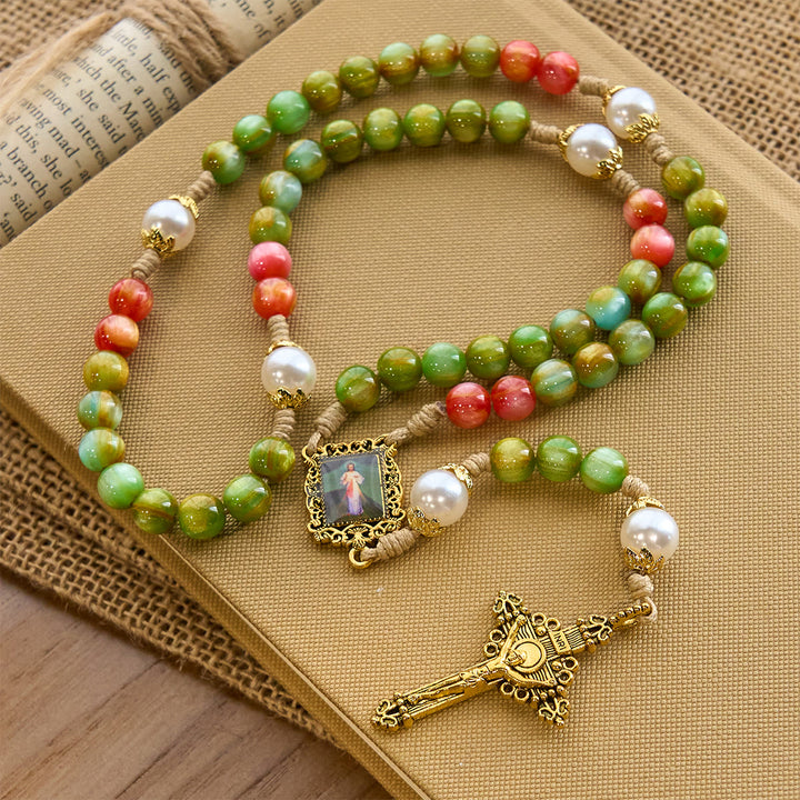 Christianartworkshop Handcrafted Christmas Blessings Divine Mercy Rosary with Red Green Beads and Bronze Crucifix - image 4
