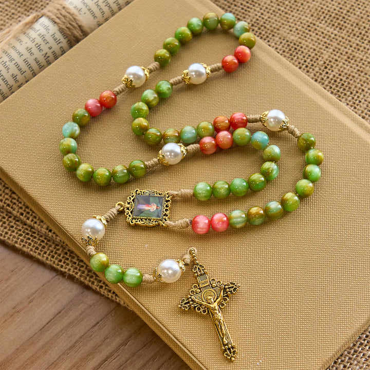 Christianartworkshop Handcrafted Christmas Blessings Divine Mercy Rosary with Red Green Beads and Bronze Crucifix - image 3
