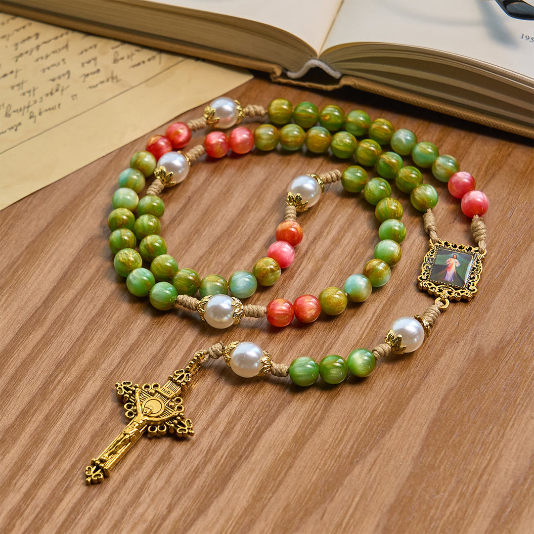 Christianartworkshop Handcrafted Christmas Blessings Divine Mercy Rosary with Red Green Beads and Bronze Crucifix - Christmas Mercy Rosary - image 1